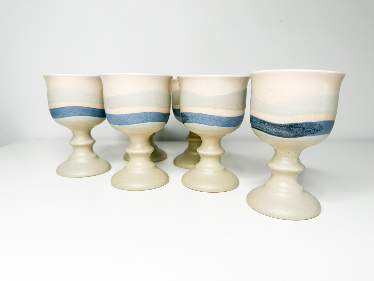 Lot of 6 Vintage Ceramic Goblets | Vintage Stone Goblets with Blue Glaze