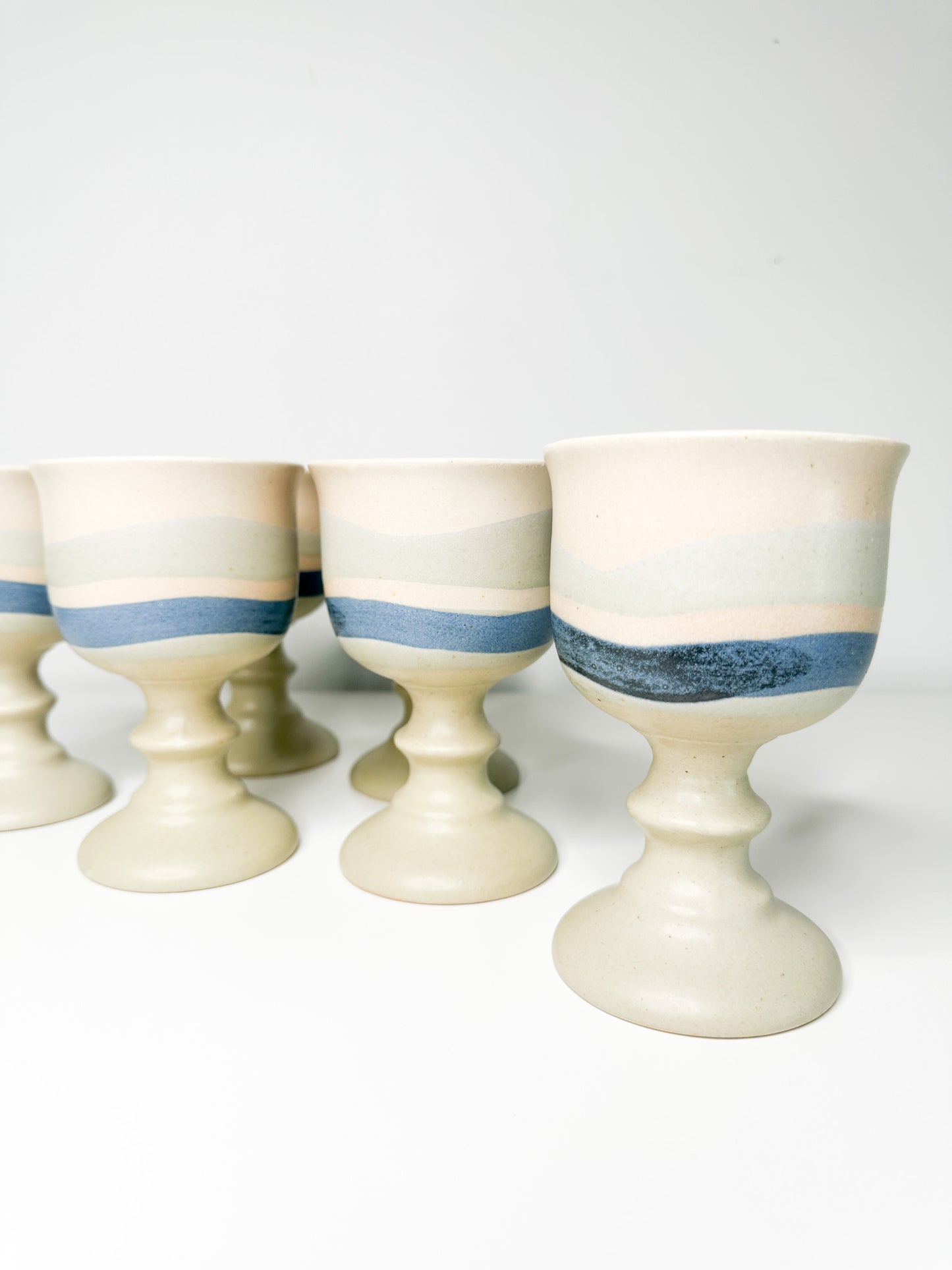 Lot of 6 Vintage Ceramic Goblets | Vintage Stone Goblets with Blue Glaze