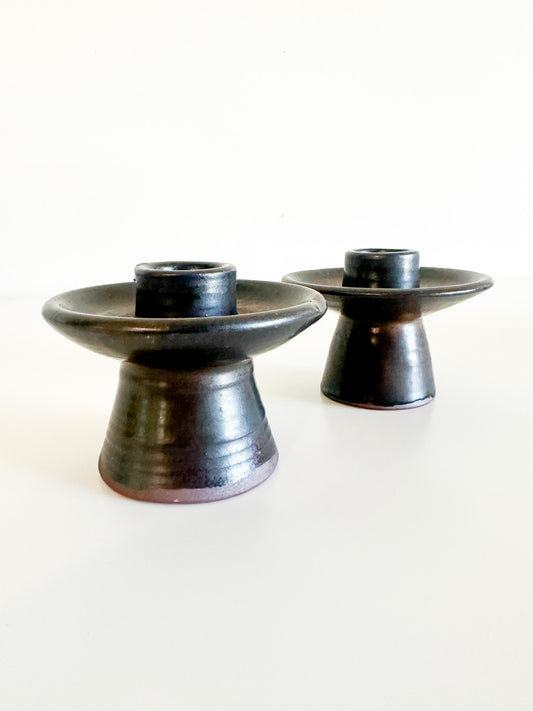 Set of 2 Stoneware Candlestick Holders | Vintage Candlestick Holders |