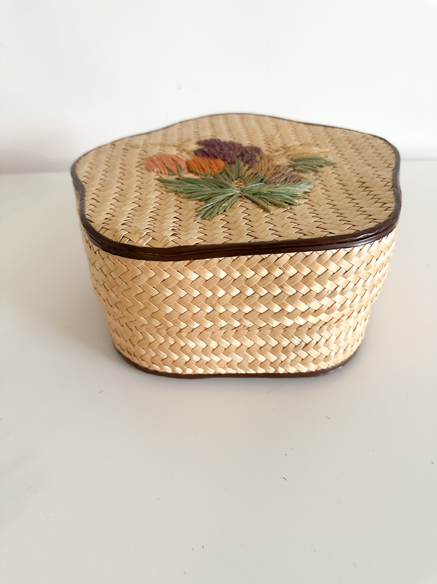 Vintage Straw Storage Fabric Lined. Box with Brown Piping| Vintage Storage Box