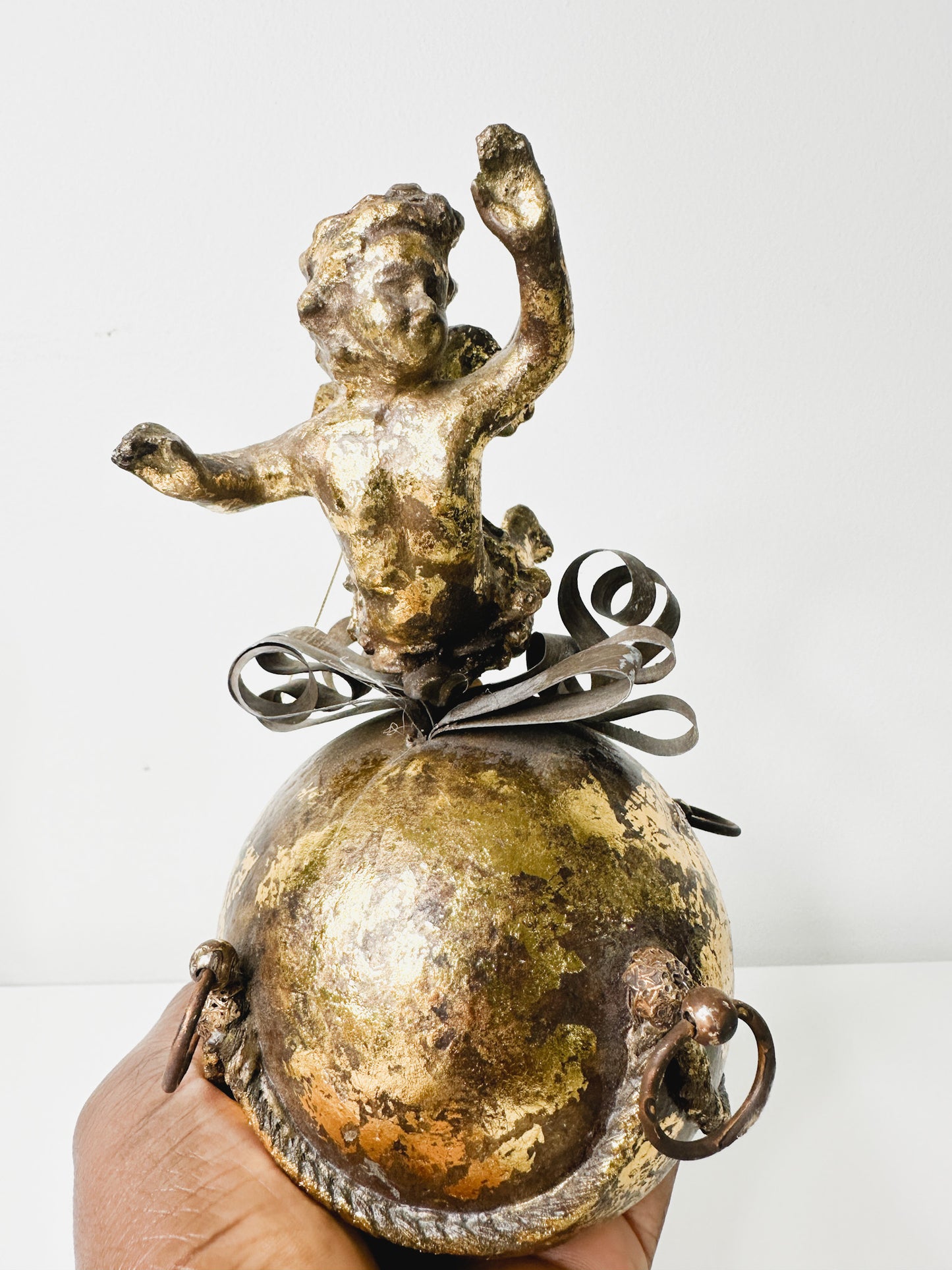 Vintage Cherub Christmas Ornament | Gold Patina Cherub Large Christmas Ornament