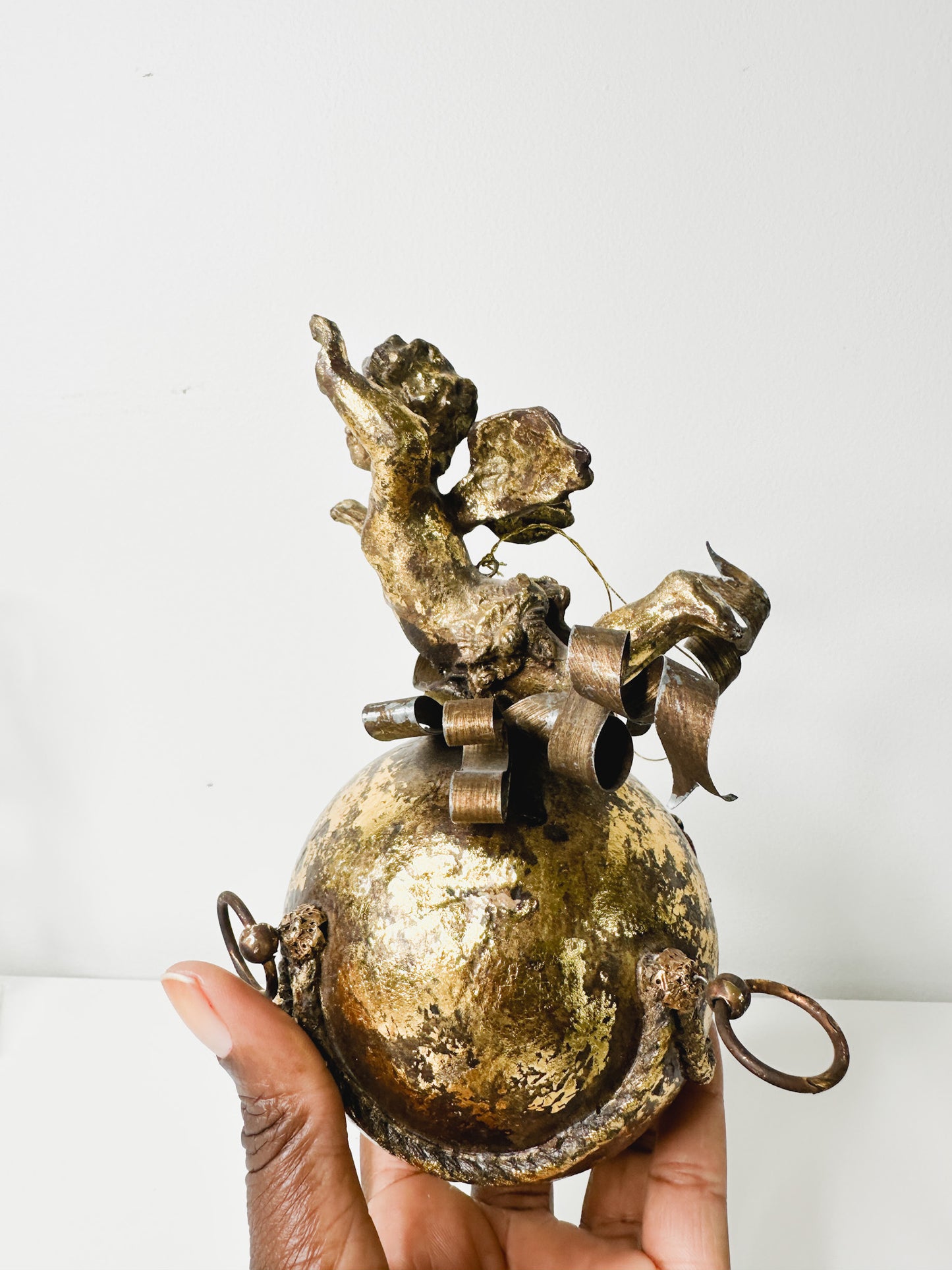 Vintage Cherub Christmas Ornament | Gold Patina Cherub Large Christmas Ornament