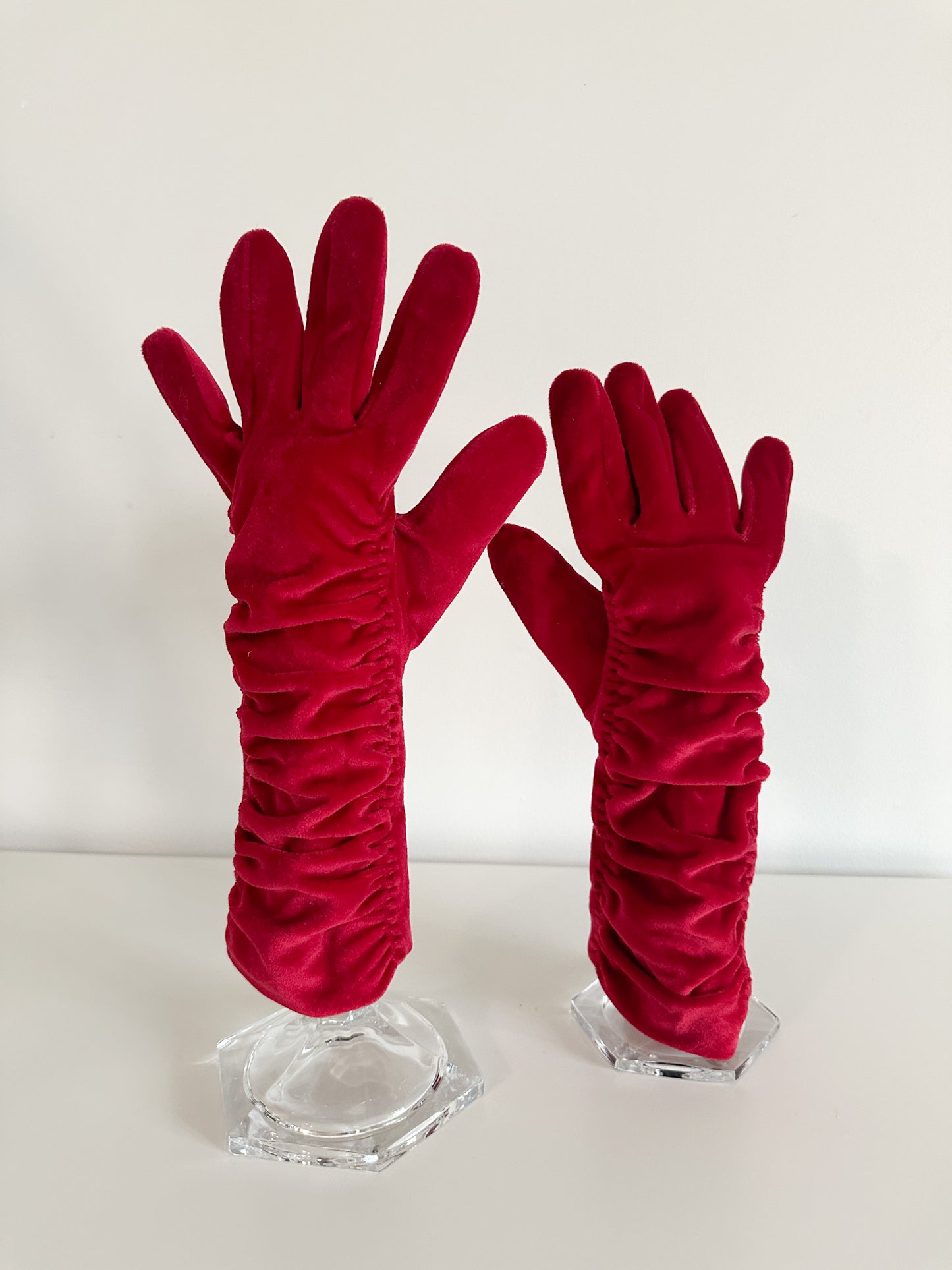 Vintage Red Ruched Gloves | Vintage Mid length Red Gloves