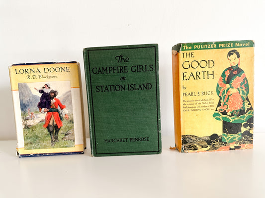 Lot of three Vintage 1930s Books | Curated Lot of Vintage Novels | The Good Earth, Lorna Doone and The Campfire Girls on Station Island