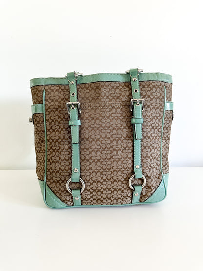 COACH Gallery Signature Jacquard Tan with Green and Patent Leather Satchel