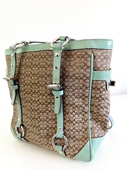 COACH Gallery Signature Jacquard Tan with Green and Patent Leather Satchel