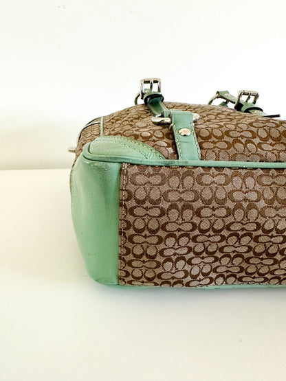 COACH Gallery Signature Jacquard Tan with Green and Patent Leather Satchel