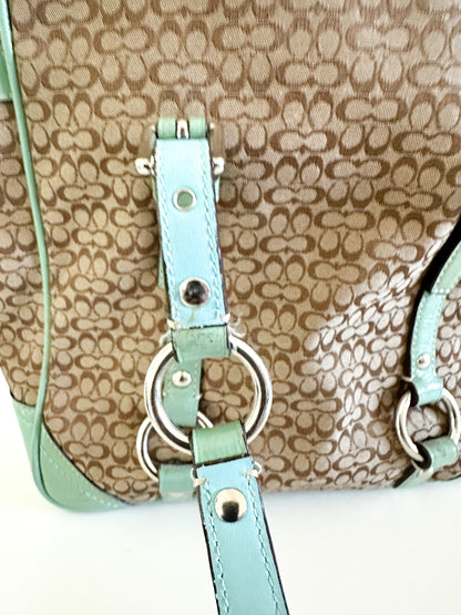 COACH Gallery Signature Jacquard Tan with Green and Patent Leather Satchel