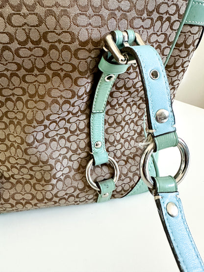 COACH Gallery Signature Jacquard Tan with Green and Patent Leather Satchel