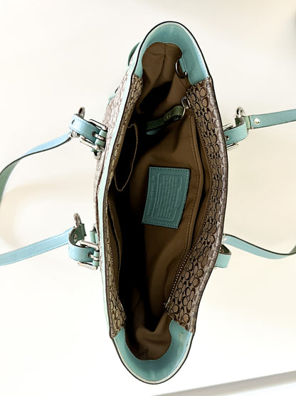 COACH Gallery Signature Jacquard Tan with Green and Patent Leather Satchel