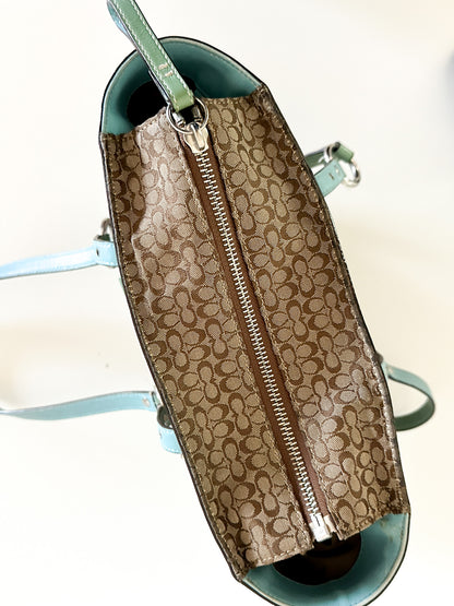 COACH Gallery Signature Jacquard Tan with Green and Patent Leather Satchel