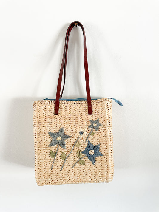 Vintage Straw Purse with Blue Flowers and Vegan Leather | Vintage Summer Purse