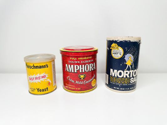 Curated Vintage Lot of Household Containers | Amphora Extra Mild Cavendish | Mortons Iodized Salt Container | Fleischmann's Yeast Tin