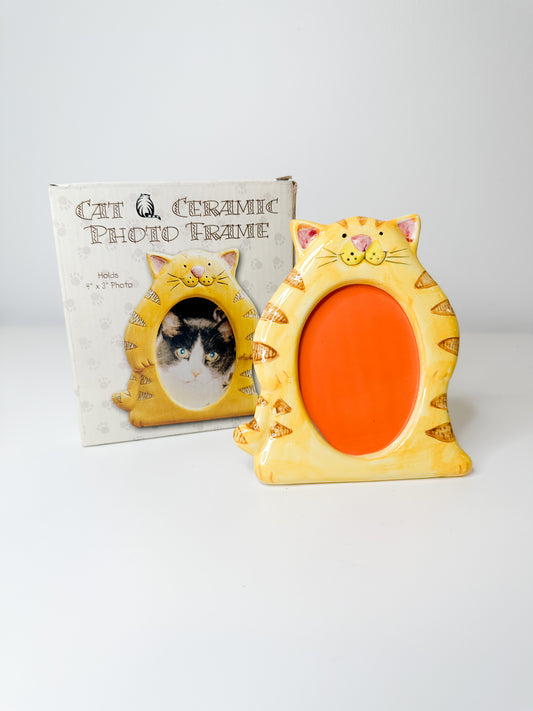 Striped Tiger Cat Picture Frame | Yellow Fat Cat Picture Frame | Painted with Oval Opening.