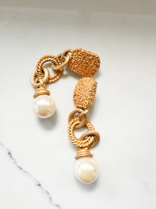 90s Vintage Statement Gold Clip-On Earrings with Pearl Detail