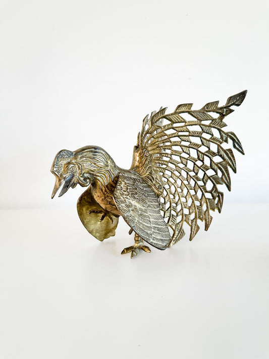 Brass Roosters Statuette | Vintage Chanticleer Brass Decor