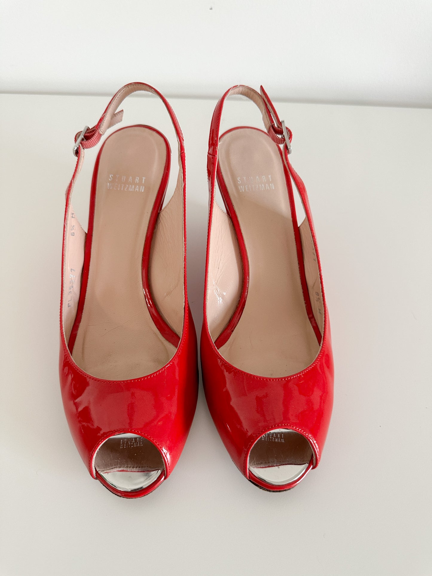 Stuart Weitzman Red Open Toed Slingback Wedges with Silver Hardware.