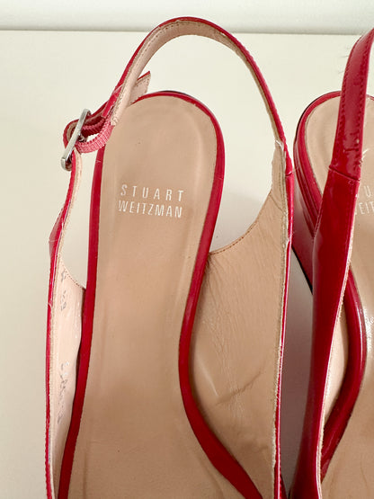 Stuart Weitzman Red Open Toed Slingback Wedges with Silver Hardware.