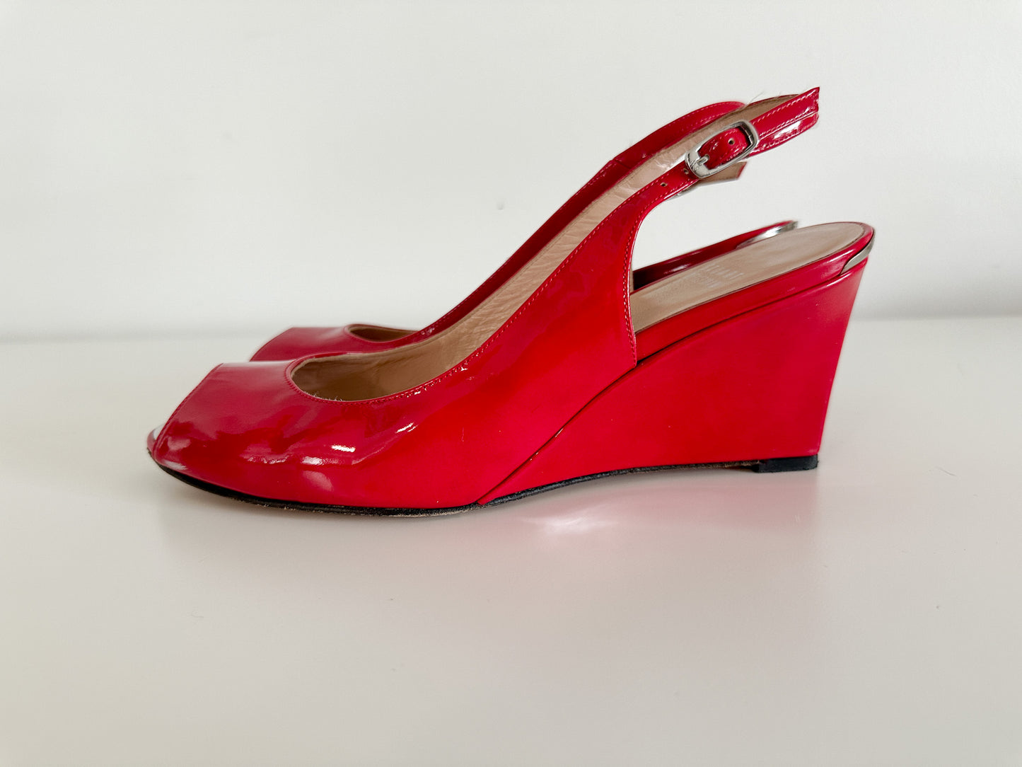 Stuart Weitzman Red Open Toed Slingback Wedges with Silver Hardware.