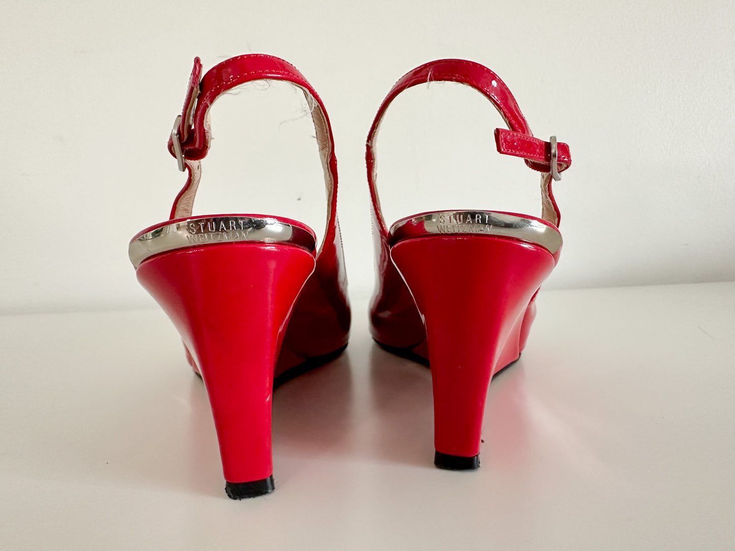 Stuart Weitzman Red Open Toed Slingback Wedges with Silver Hardware.