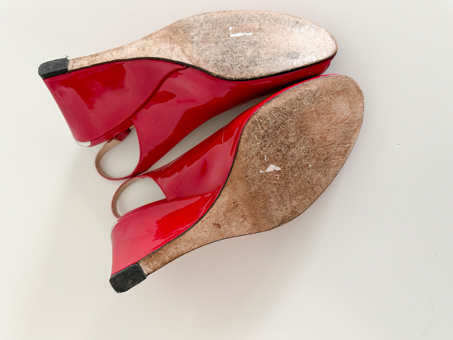 Stuart Weitzman Red Open Toed Slingback Wedges with Silver Hardware.