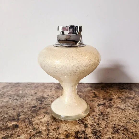 1950s Glass Table Lighter, Hand Blown Glass, White & Gold, Made In Japan, Works!
