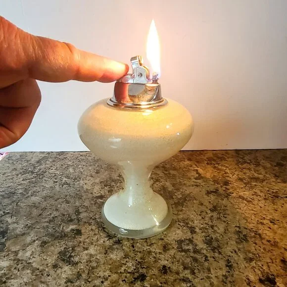 1950s Glass Table Lighter, Hand Blown Glass, White & Gold, Made In Japan, Works!