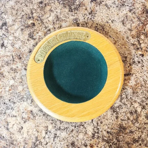 Vintage Wooden Pocket Change Oak Tray Coin Bowl, With Green Felt Lining, Mancave