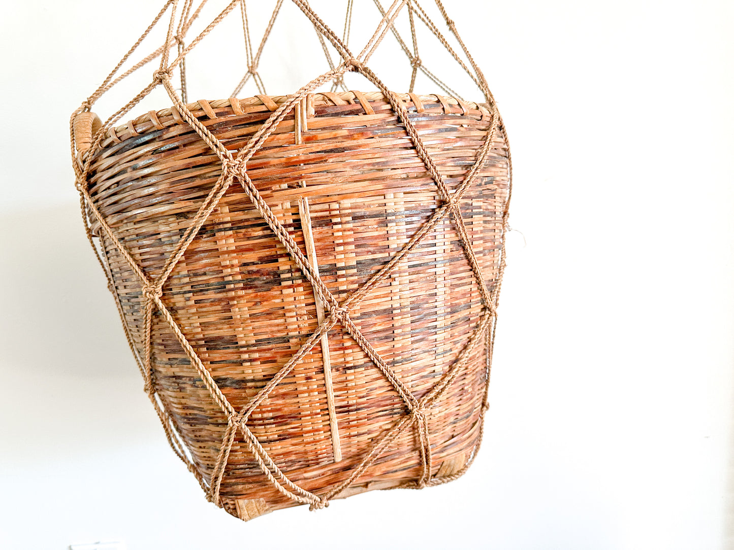 Vintage MCM Large Basket with woven Macrame Holder