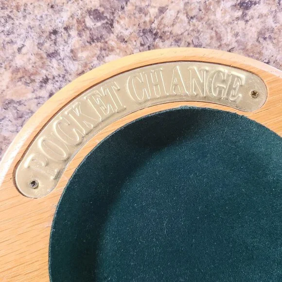 Vintage Wooden Pocket Change Oak Tray Coin Bowl, With Green Felt Lining, Mancave