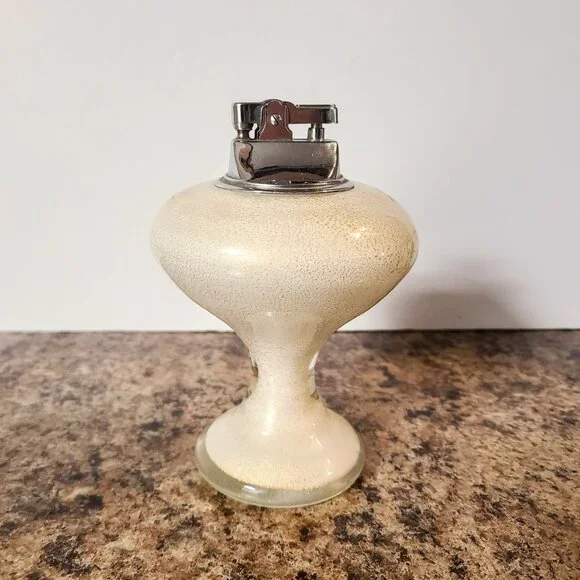 1950s Glass Table Lighter, Hand Blown Glass, White & Gold, Made In Japan, Works!