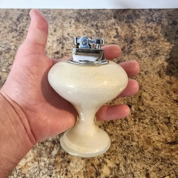 1950s Glass Table Lighter, Hand Blown Glass, White & Gold, Made In Japan, Works!