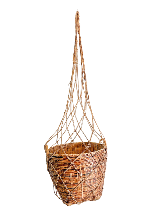 Vintage MCM Large Basket with woven Macrame Holder