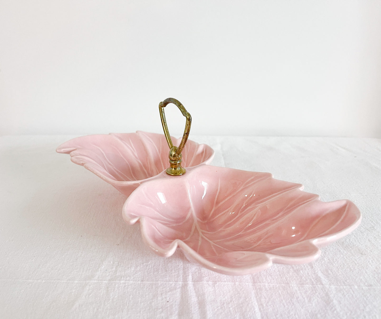 Pink Ceramic Leaf Tray  with Gold Handle