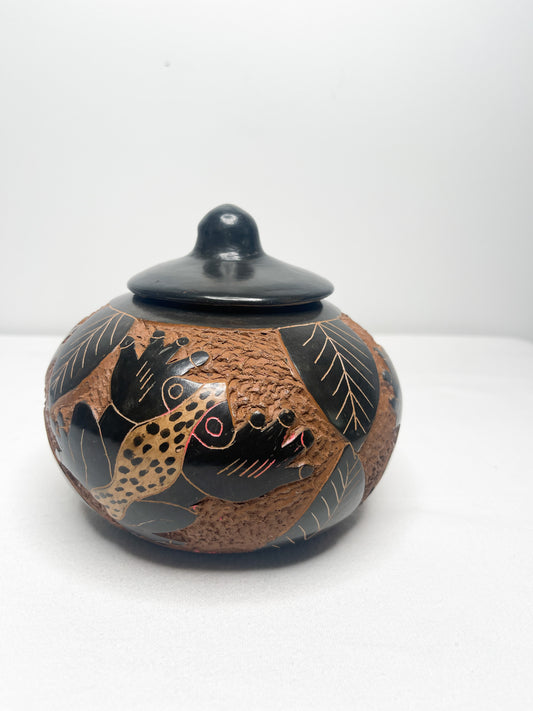 Vintage Hand carved lacquered ceramic bowl with lid.