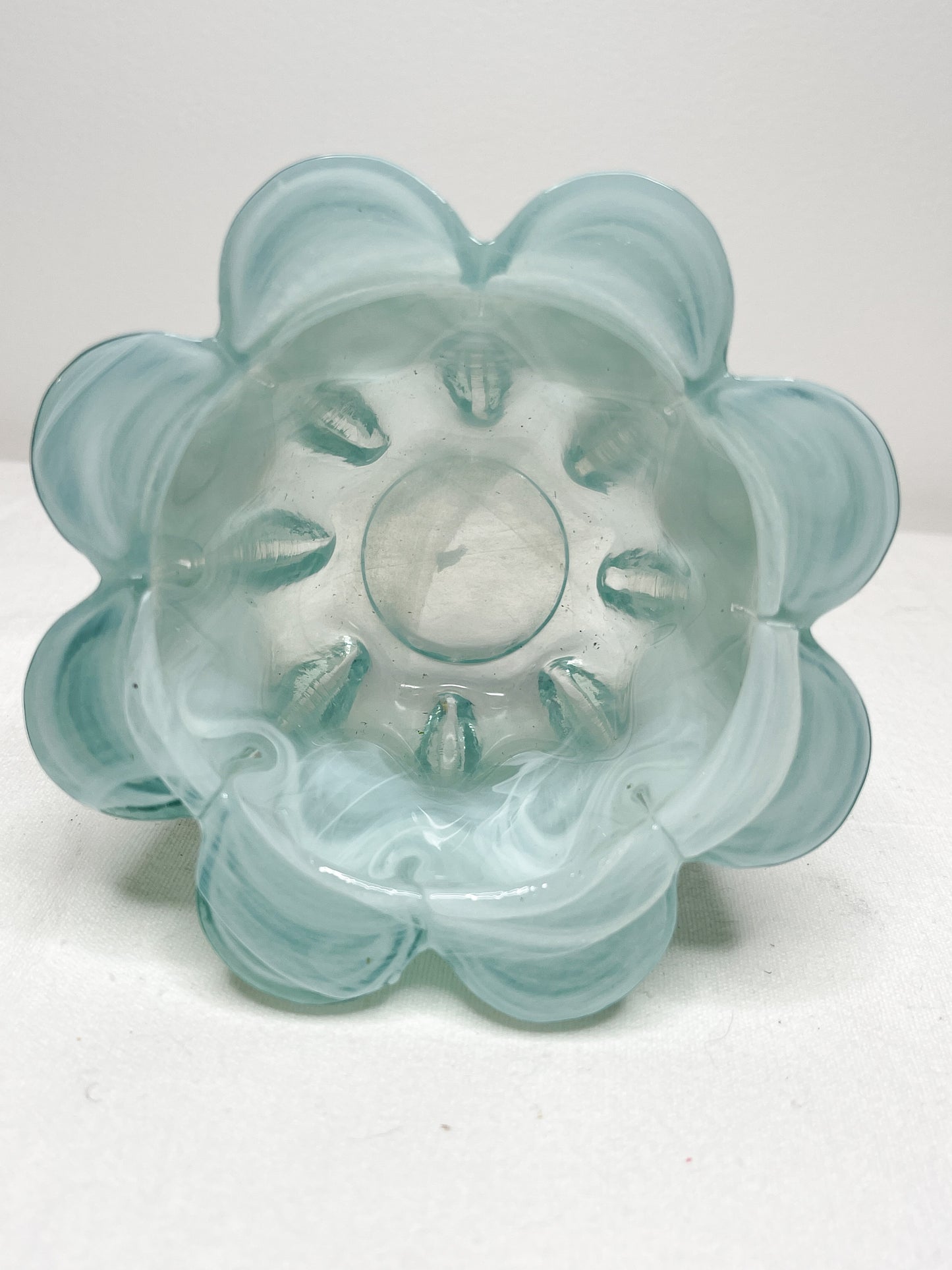 Vintage Teal Swirl Art Glass Votive Candle Holder| Swirl Aqua glass Flower Shaped Glass Vase