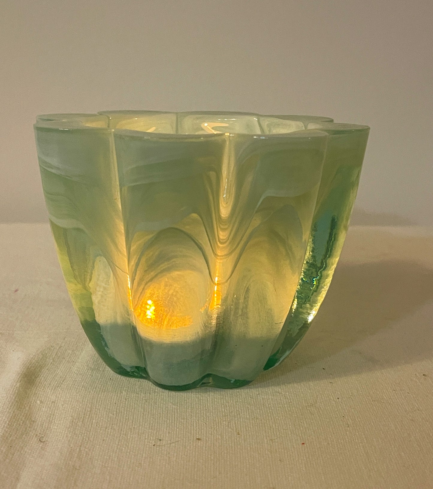 Vintage Teal Swirl Art Glass Votive Candle Holder| Swirl Aqua glass Flower Shaped Glass Vase