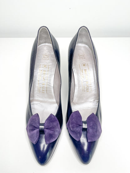 Vintage Bruno Magli Purple Leather Pumps with Sued Bow | 1980s Purple Ladies Shoes|Made In Italy Shoes| Vintage Luxury Shoes|