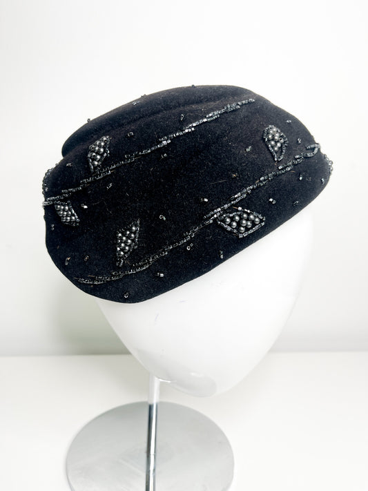 Vintage Black Felt Hat with Beaded Embellishment| Vintage Black Felt Hat | Vintage Beaded hat