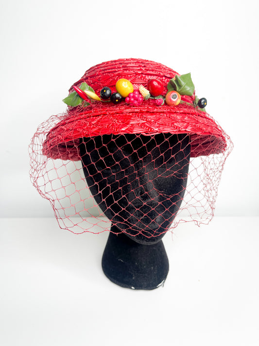 Vintage Red Summer Hat with Vine of Artificial Fruit | Vintage church hat | Vintage Easter hat