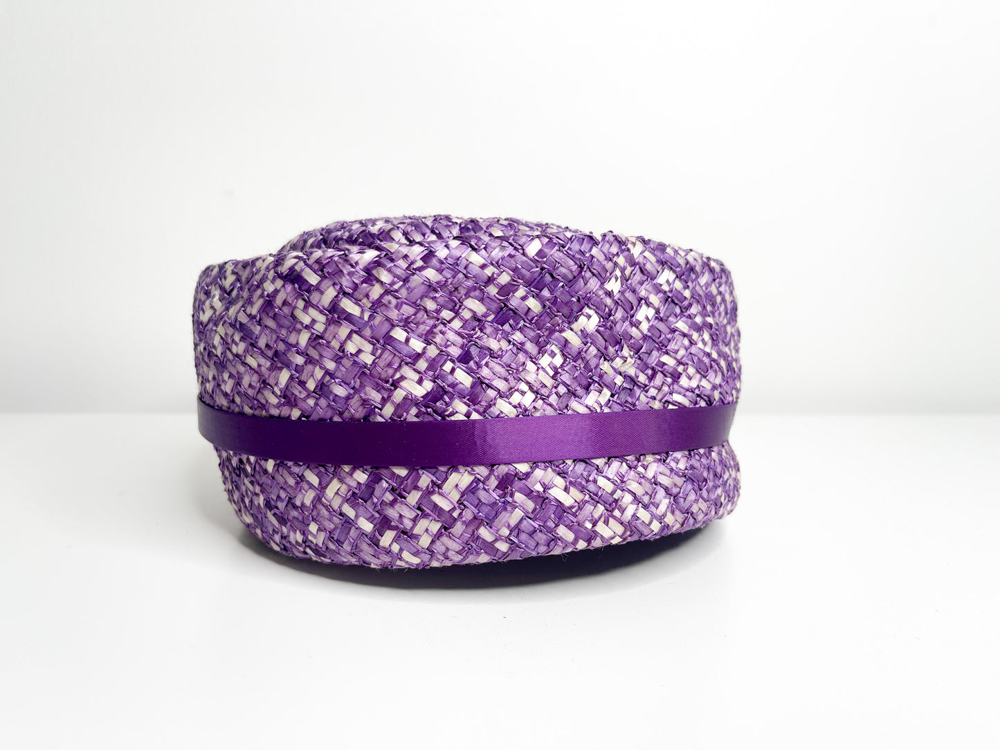 Purple Pill Box Hat with Floral detailing| Vintage Woven Pill box hat | 1960s Rounded Hat