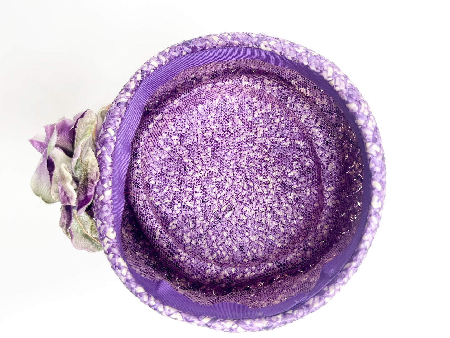 Purple Pill Box Hat with Floral detailing| Vintage Woven Pill box hat | 1960s Rounded Hat