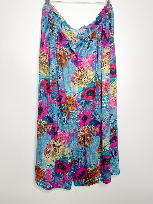 Vintage Floral Printed Skirt Size Large - XTRA Large | Floral A-Line Skirt | Button Front Skirt