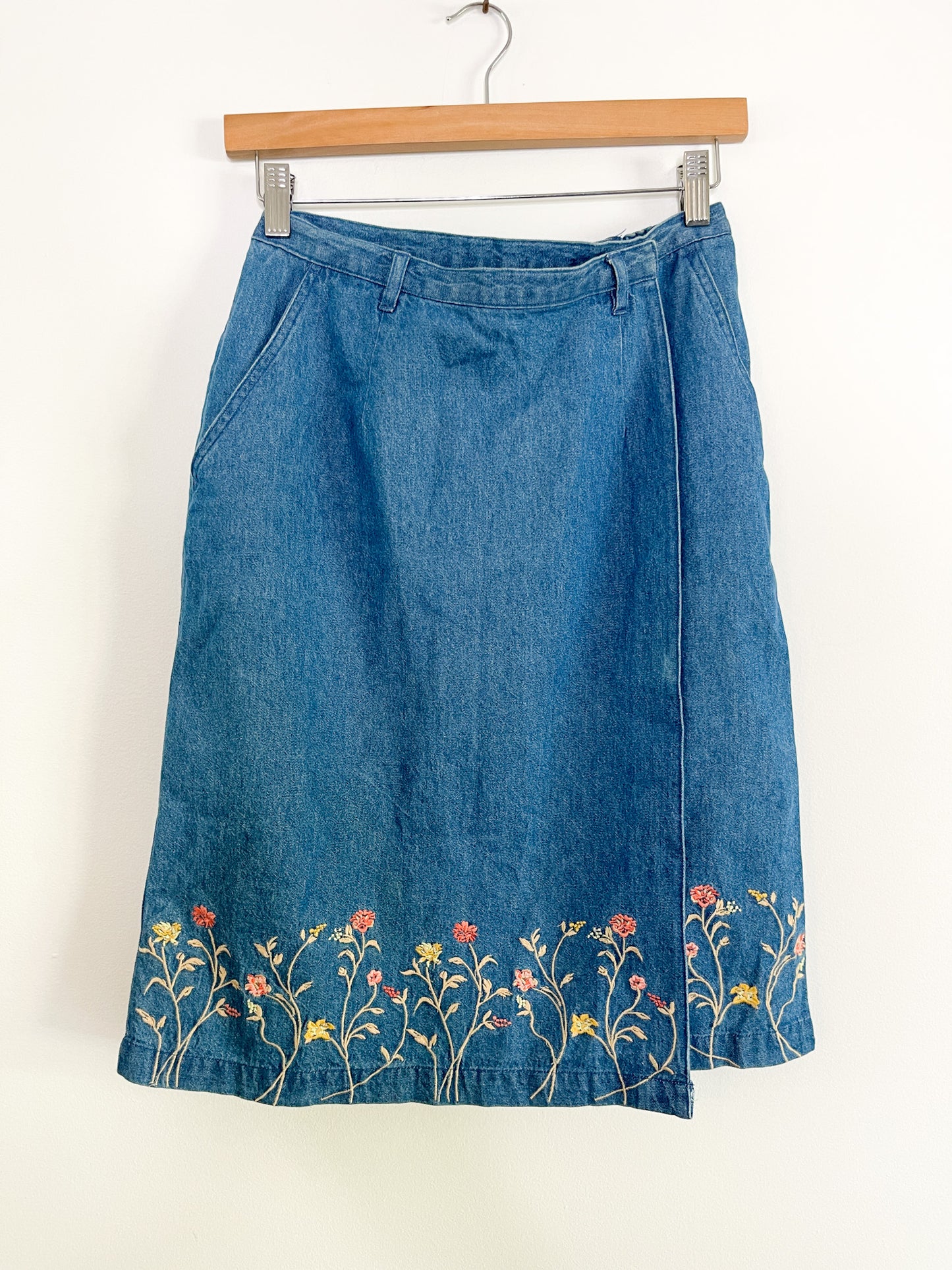 Tabi International Denim Wrap Skirt with Floral embroidered detail | Vintage Wrap Skirt