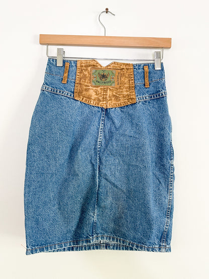 Vintage Hollywood Denim Skirt with Leather Detailing  | Vintage Structured Denim Skirt | Size Small