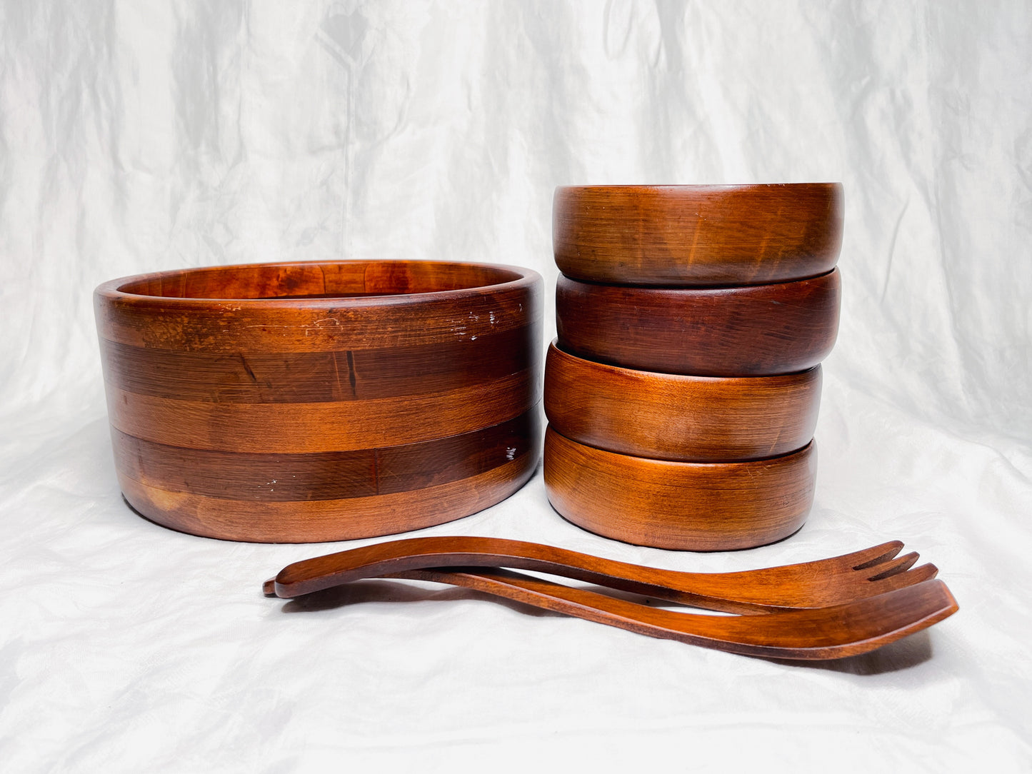 Vintage Handcrafted Bariboocraft Wooden Bowl Salad Set.