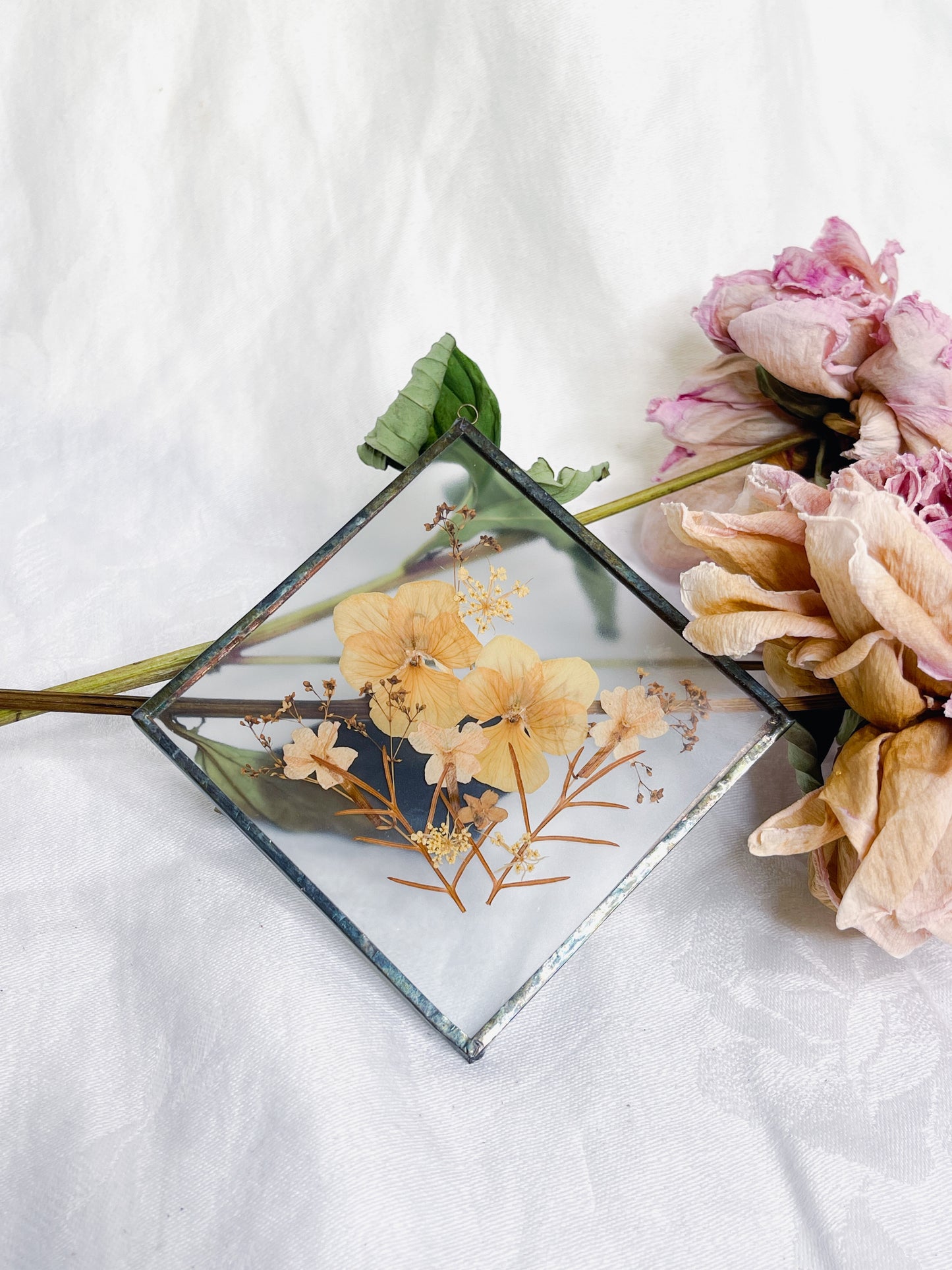 Vintage  Glass Pressed Flowers Suncatcher  - Diamond Shaped