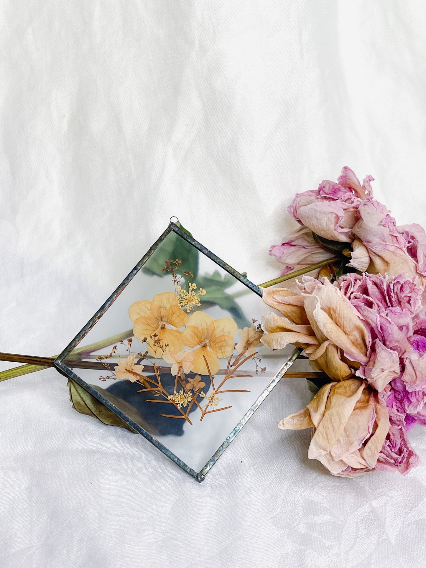 Vintage  Glass Pressed Flowers Suncatcher  - Diamond Shaped