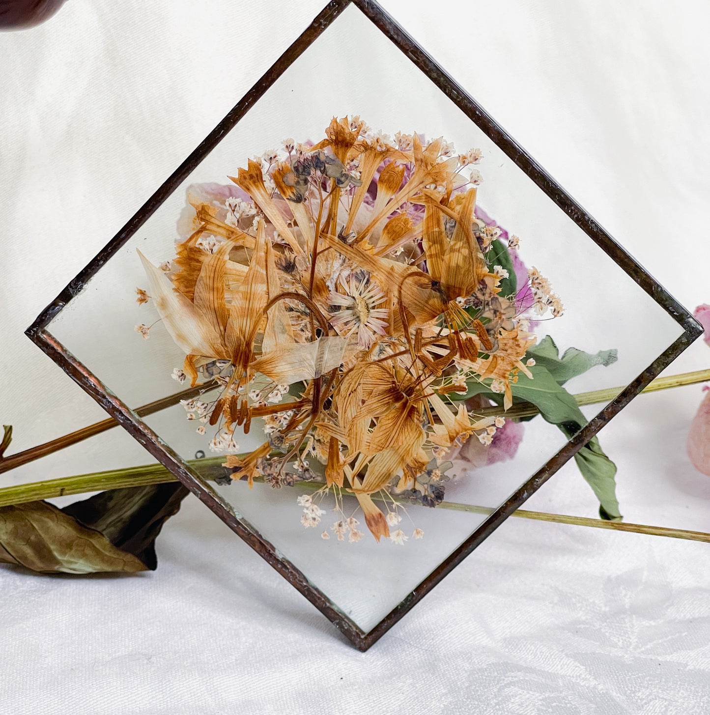 Vintage  Glass Pressed Flowers Suncatcher  - Diamond Shaped