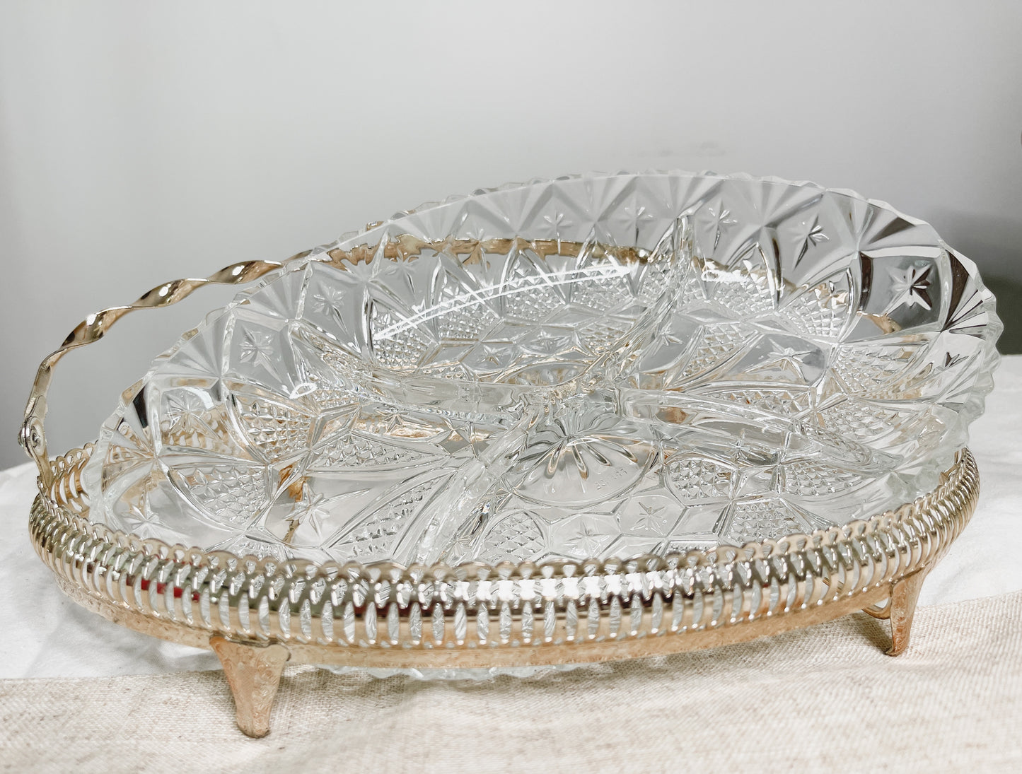 Crystal serving dish with metal holder
